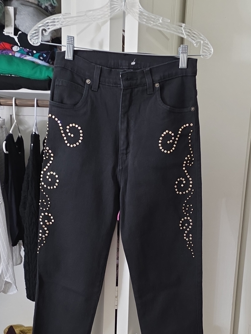 Y2K High-Rise Black Jeans with Gold Stud Detailing 26" 33"